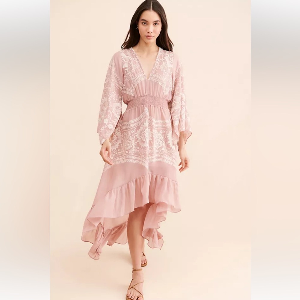 Anthropologie Especia Blush Pink Embroidered V-Neck Dress Medium